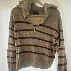 Hudson Gray Large Beige Stripe Half-Zip Wool Sweater